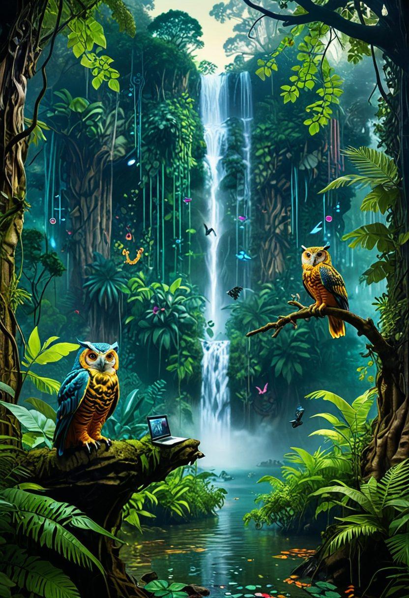 A dense jungle landscape filled with digital elements like floating screens displaying varying news headlines. A vivid waterfall flows with binary code, while animals like wise owls and tech-savvy monkeys observe the chaos. A curious explorer in safari gear holds a magnifying glass, inspecting a glowing, misleading headline. Bright colors and a contrast between nature and technology create a captivating scene. vibrant colors. surreal art.