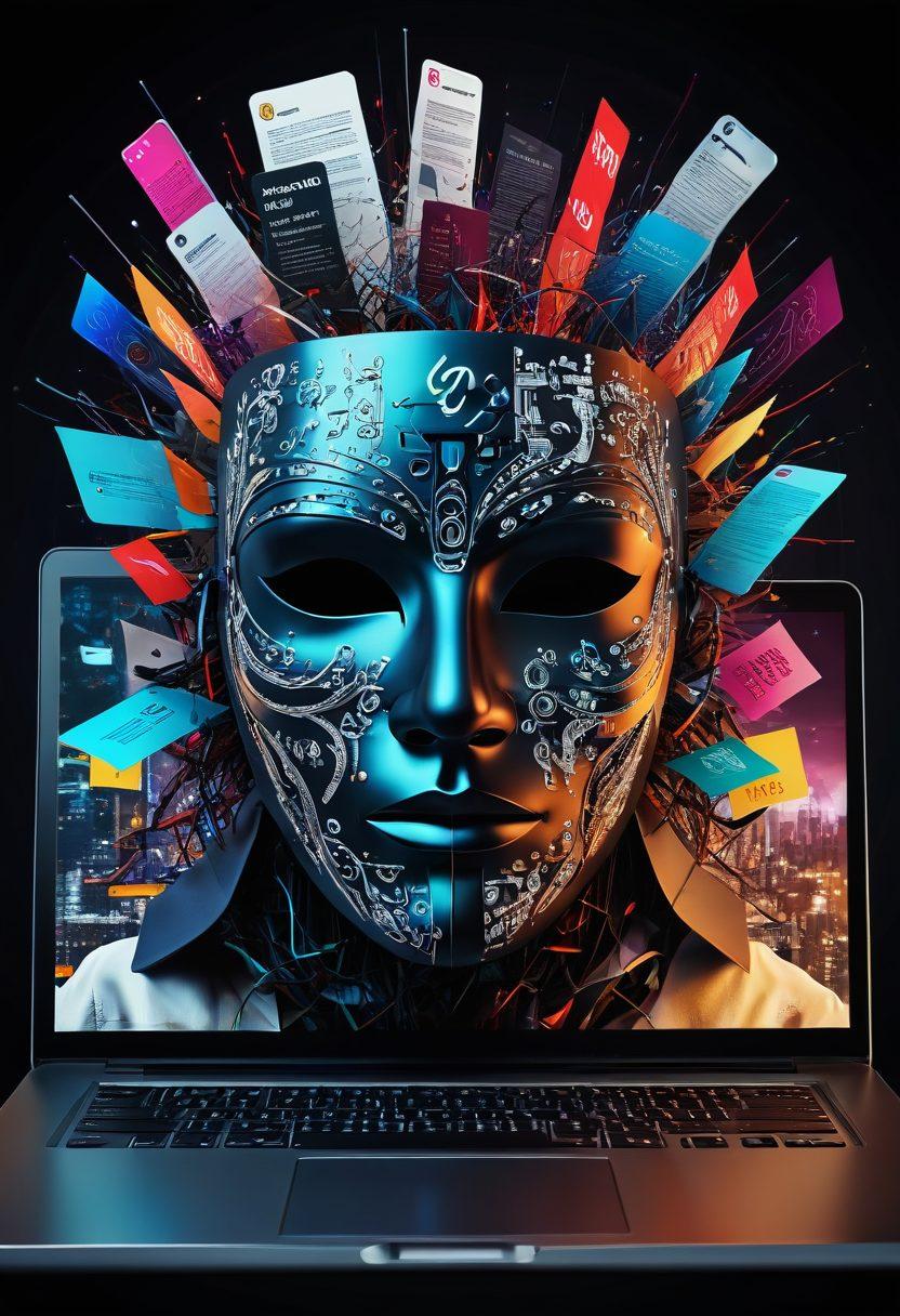 A mysterious mask half-revealed, surrounded by various digital devices like smartphones and laptops displaying flashy misleading headlines and fake news articles. In the background, a blurred web of social media icons and notifications crisscrosses, symbolizing the chaos of online information. The color palette should evoke suspense with dark tones illuminated by contrasting bright colors representing truth and deception. surreal. vibrant colors. digital art.