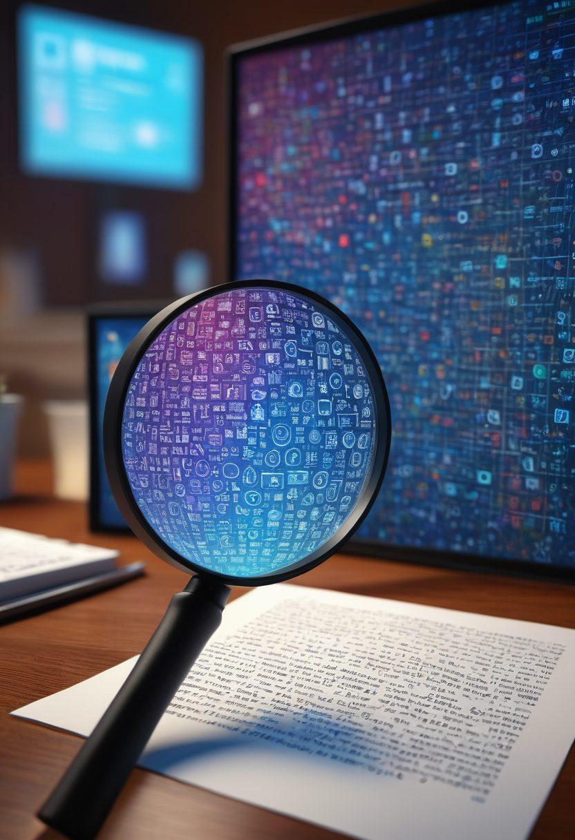 A montage of a magnifying glass hovering over a digital screen displaying various hoaxes and misinformation symbols, intertwined with tools like a pen, a notepad, and a shield symbolizing protection against falsehoods. The background features a blurred mix of chaotic information flow and serene clarity, representing the journey from confusion to understanding. A soft light emanates to emphasize enlightenment and clarity. super-realistic. vibrant colors. digital art.